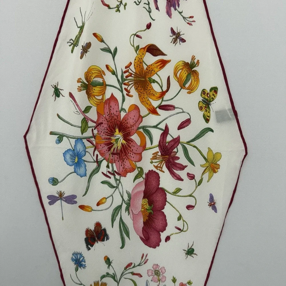 Vintage Gucci 100% Silk Floral & Insects Scarf Signed 
